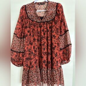 Zara | Red Floral Long Sleeve V-Neck Midi Dress Women’s Size L